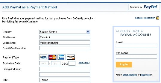 E.poed PayPal krediitkaardi andmete sisestamine