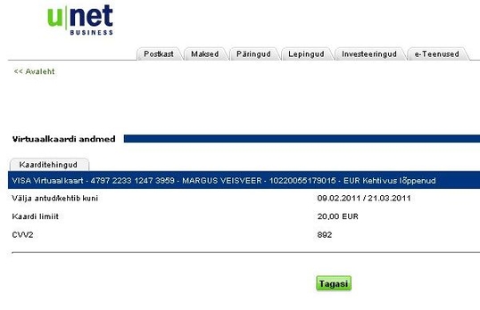 E-poed VISA krediitkaart virtuaalkaart