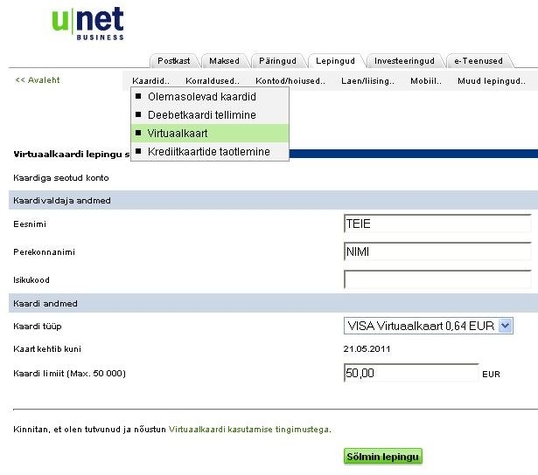E-poed VISA virtuaalkaardi avamine