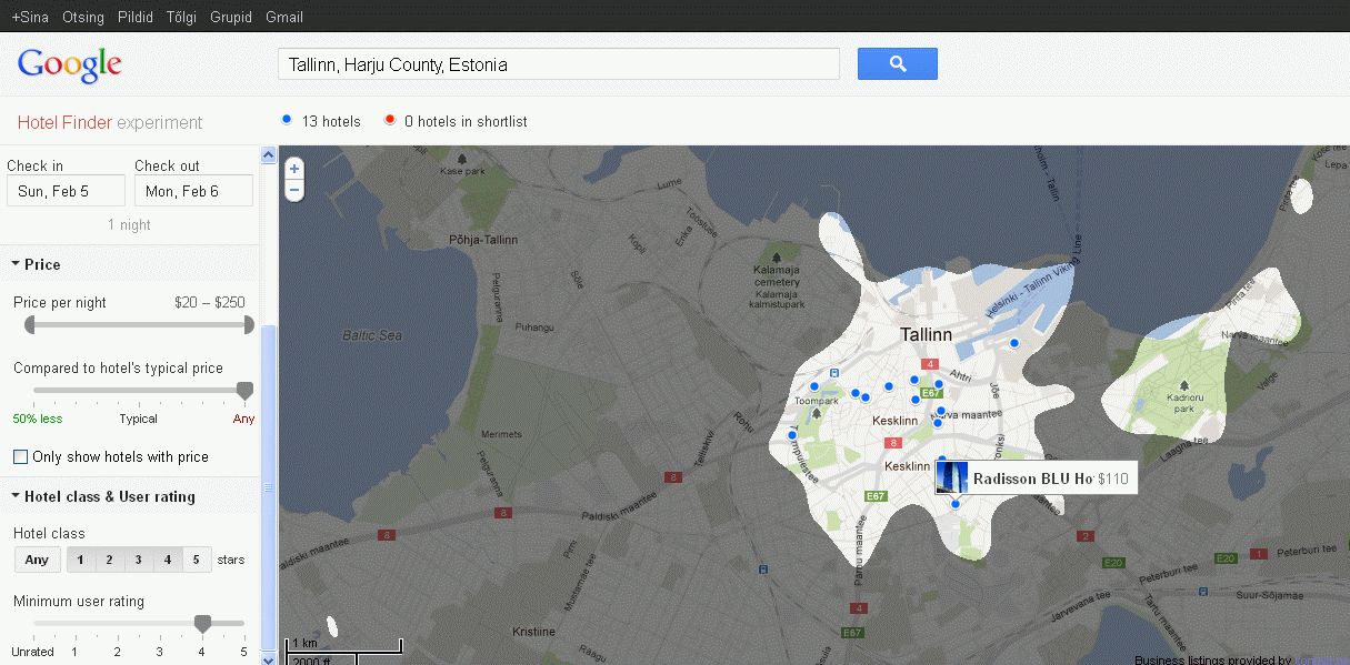 Google Hotel Finder popular areas
